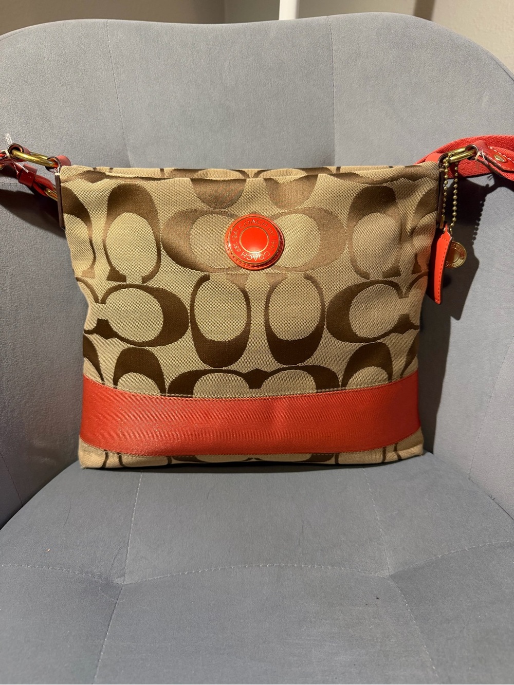 Coach Signature Canvas Shoulder Bag in Brown with Orange Trim